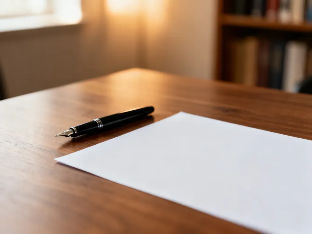 Czyste biurko z piórem i białą kartką papieru, symbolizujące proces pisania i pracy twórczej.